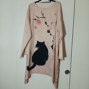 Japanese Art Dress 4XL Tunic Pink Ink Wash Art  Black Cat Persimmon Branch Rare